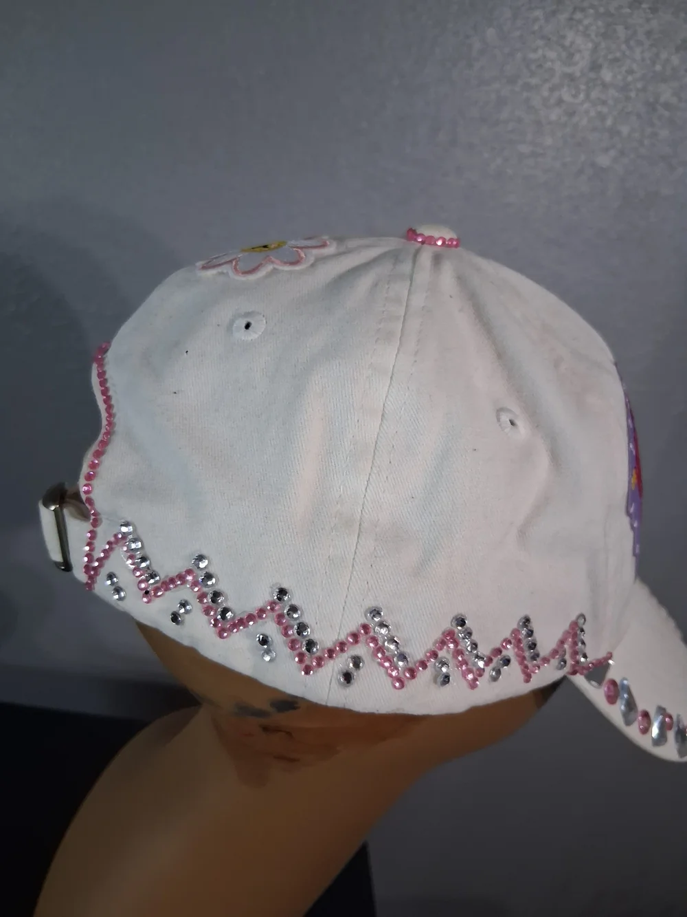 Hand Crafted White Pink Embellished Baseball Cap